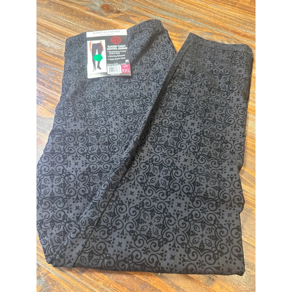 Khakis & Company Suave Flocked Tummy Control Leggings‎ Black Damask XXL NWT